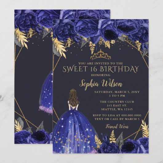 Royal Blue Gold Floral Princess Sweet 16 Kaart (Voorkant / Achterkant)