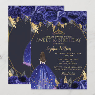 Royal Blue Gold Floral Princess Sweet 16 Kaart