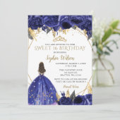 Royal Blue Gold Floral Princess Sweet 16 Kaart (Staand voorkant)