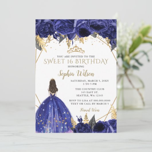Royal Blue Gold Floral Princess Sweet 16 Kaart (Staand voorkant)
