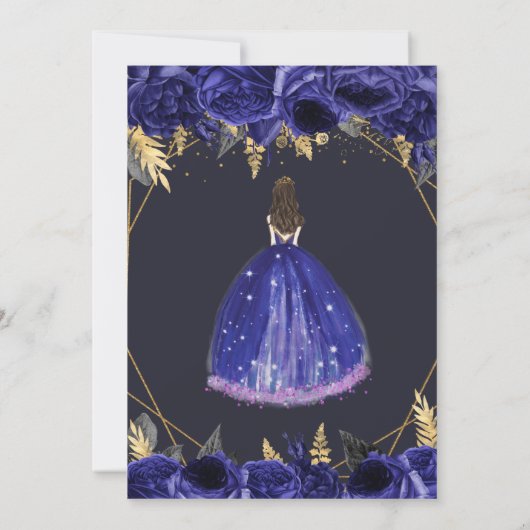 Royal Blue Gold Floral Princess Sweet 16 Kaart (Achterkant)