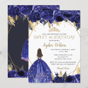Royal Blue Gold Floral Princess Sweet 16 Kaart