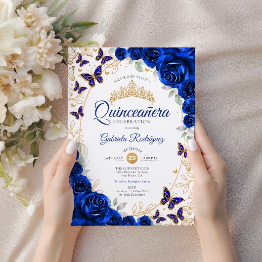 Royal Blue Gold Floral Quinceanera Kaart