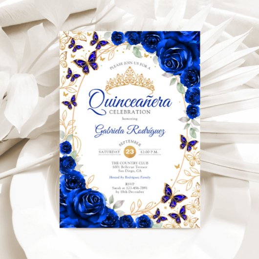 Royal Blue Gold Floral Quinceanera Kaart