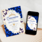 Royal Blue Gold Floral Quinceanera Kaart