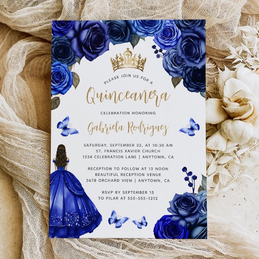 Royal Blue Gold Floral Quinceañera Kaart
