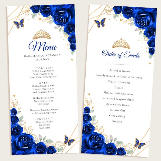 Royal Blue Gold Floral Quinceanera Programma Menu