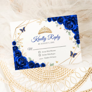 Royal Blue Gold Floral Quinceanera Reageer RSVP Kaartje