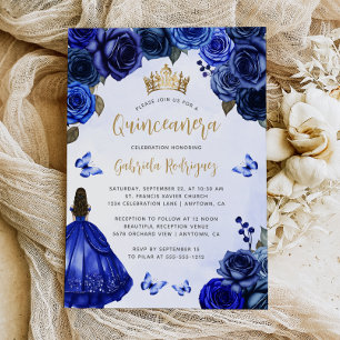 Royal Blue Gold Floral Waterverf Quinceañera Kaart