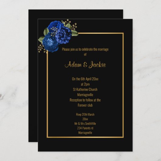 ROYAL BLUE GOLD FLORAL WEDDING INVITATION KAART (Voorkant / Achterkant)