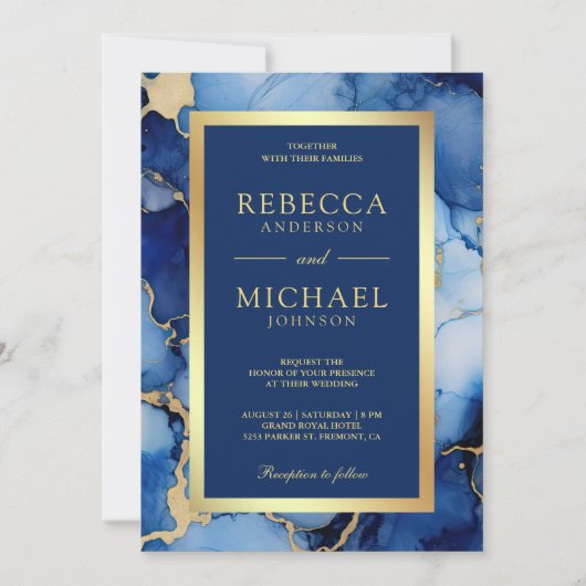 Royal Blue Gold Fluid Ink QR Code Wedding Kaart (Voorkant)