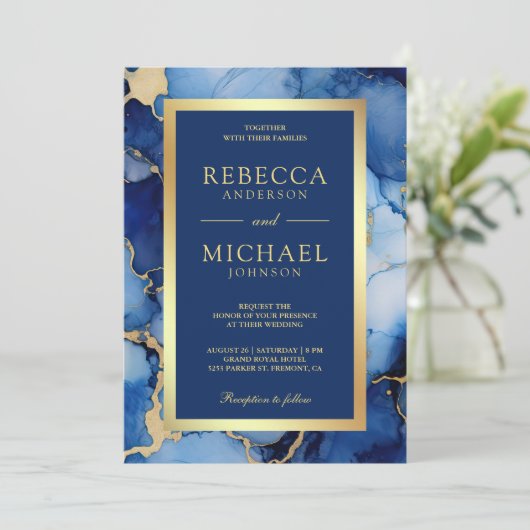 Royal Blue Gold Fluid Ink QR Code Wedding Kaart (Staand voorkant)