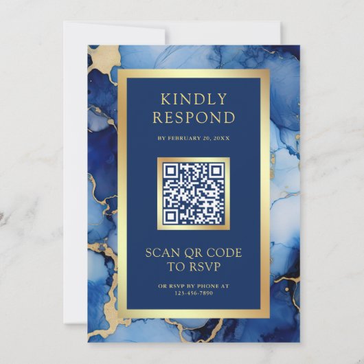Royal Blue Gold Fluid Ink QR Code Wedding Kaart (Achterkant)