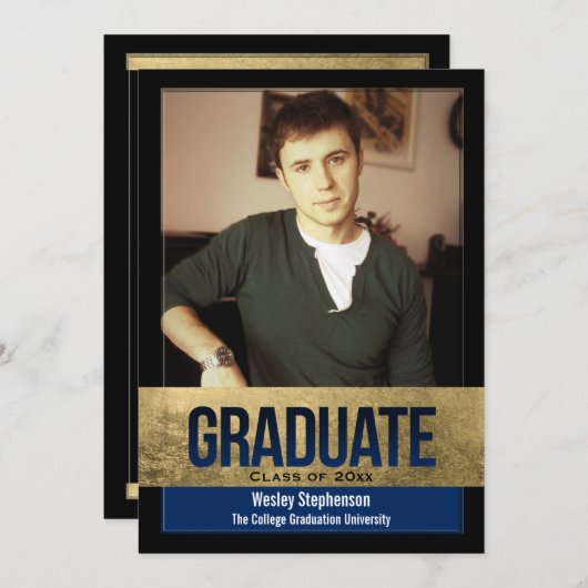 Royal Blue Gold Foil Block Effect Photo Afstuderen Kaart (Voorkant / Achterkant)