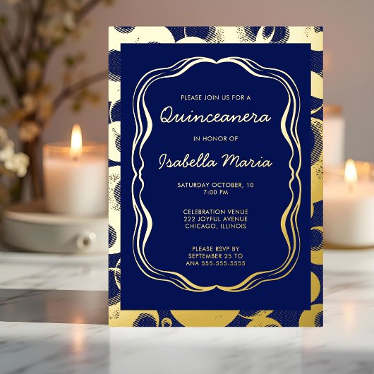Royal Blue Gold Folie Quinceañera Uitnodiging Tren