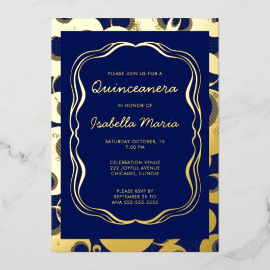 Royal Blue Gold Folie Quinceañera Uitnodiging Tren (Voorkant)