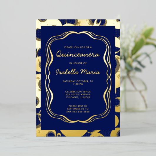 Royal Blue Gold Folie Quinceañera Uitnodiging Tren (Staand Voorkant)