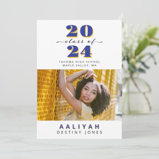 Royal Blue + Gold Foto Afstuderen Aankondiging (Staand voorkant)