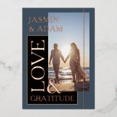 Royal Blue Gold Foto Bruiloft Liefde en Dankbaarhe Folie Uitnodiging (Voorkant)