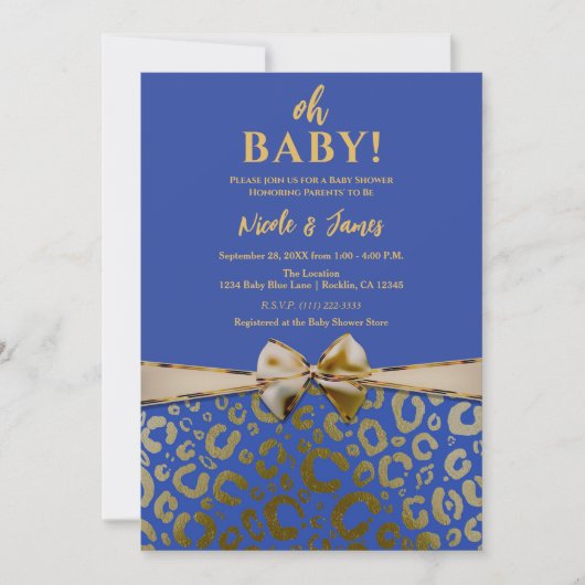 Royal Blue & Gold Glam Leopard Print Baby shower Kaart (Voorkant)