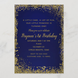 Royal Blue & Gold Glitter Glam 1ST Birthday Party Kaart
