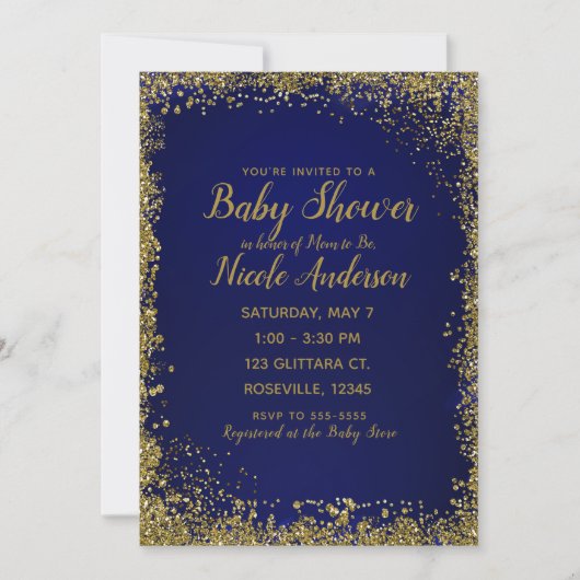Royal Blue & Gold Glitter Glam Modern Baby shower Kaart (Voorkant)