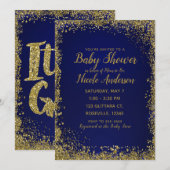 Royal Blue & Gold Glitter Glam Modern Baby shower Kaart (Voorkant / Achterkant)