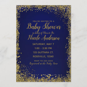 Royal Blue & Gold Glitter Glam Modern Baby shower Kaart
