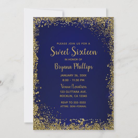 Royal Blue & Gold Glitter Glam Sweet 16 Party Kaart (Voorkant)