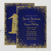 Royal Blue & Gold Glitter Glam Sweet 16 Party Kaart (Voorkant / Achterkant)