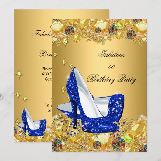 Royal Blue Gold Glitter High Heels Fabulous Party Kaart (Voorkant / Achterkant)