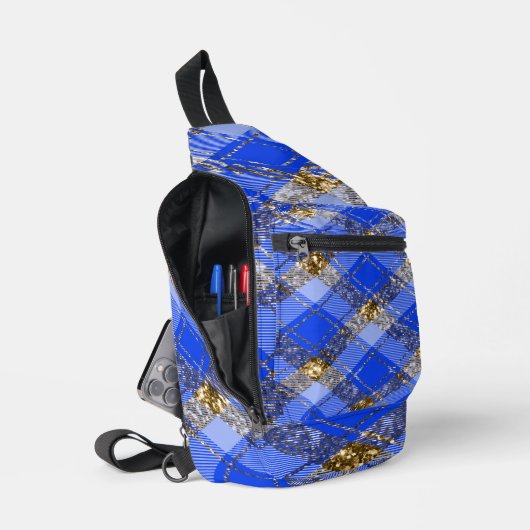 ROYAL BLUE & GOLD GLITTER LOOK PLAID PATROON SLING BAG (Open)