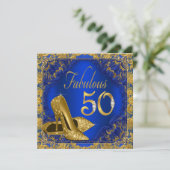 Royal Blue Gold High Heel Fabulous 50th Birthday Kaart (Staand voorkant)