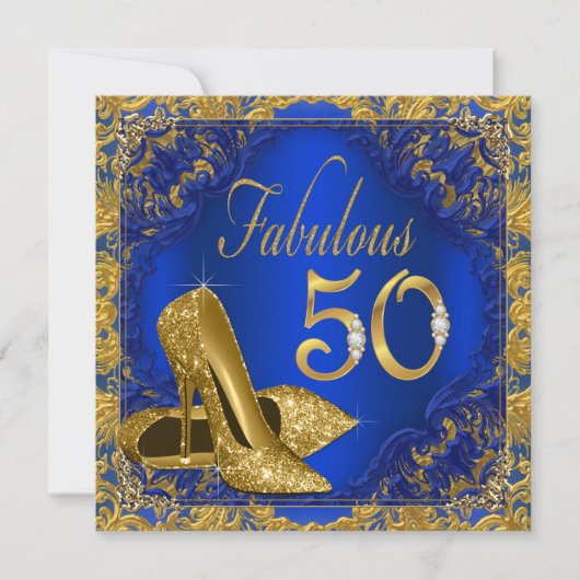Royal Blue Gold High Heel Fabulous 50th Birthday Kaart (Voorkant)