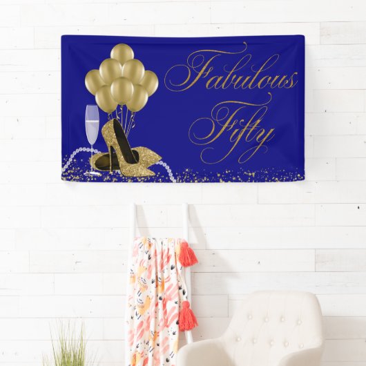 Royal Blue Gold High Heel Shoe Pearl 50e verjaarda Spandoek (Insitu)