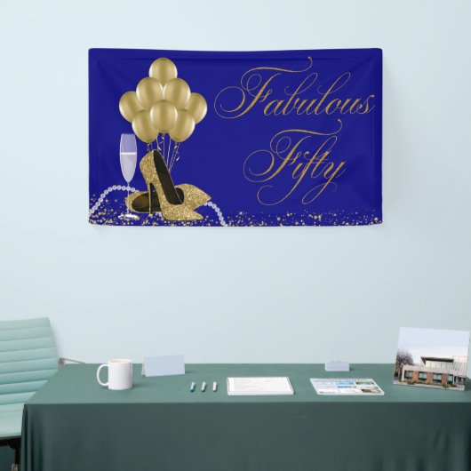 Royal Blue Gold High Heel Shoe Pearl 50e verjaarda Spandoek (Beurs)