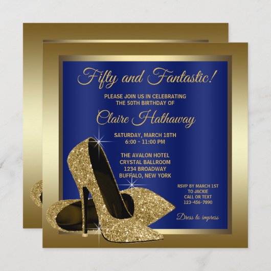 Royal Blue Gold High Heels Verjaardagsfeest Kaart (Voorkant / Achterkant)