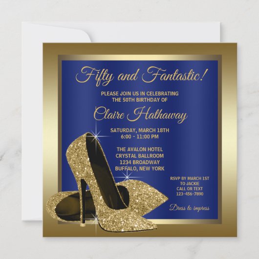 Royal Blue Gold High Heels Verjaardagsfeest Kaart (Voorkant)