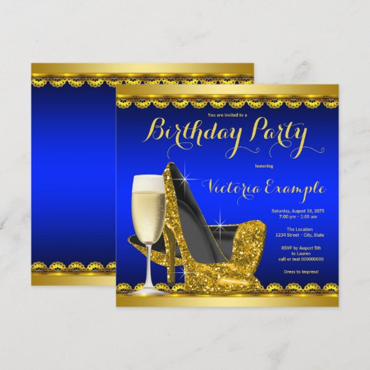 Royal Blue Gold High Heels Verjaardagsfeest Kaart (Voorkant / Achterkant)
