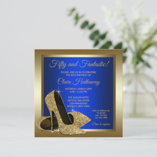 Royal Blue Gold High Heels Vrouwen Verjaardagsfees Kaart (Staand voorkant)