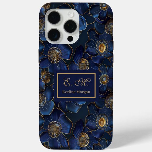 Royal Blue Gold iPhone Case Lux Monogram Floral (Achterkant)