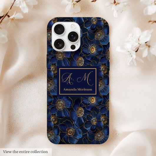 Royal Blue Gold iPhone Hoesje Lux Monogram Bloemen
