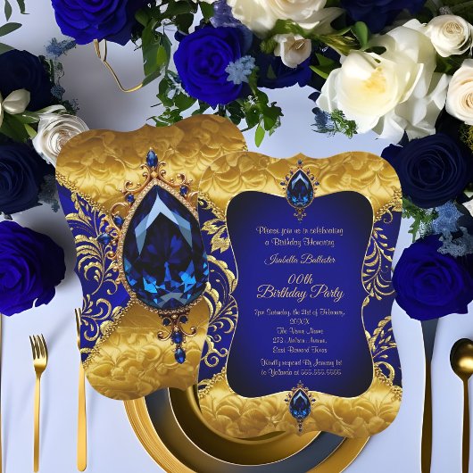 Royal Blue Gold Jewel Damask Verjaardagsfeest Kaart