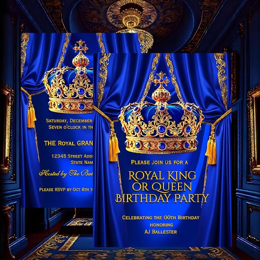 Royal Blue Gold King Queen Crown Birthday Party Kaart