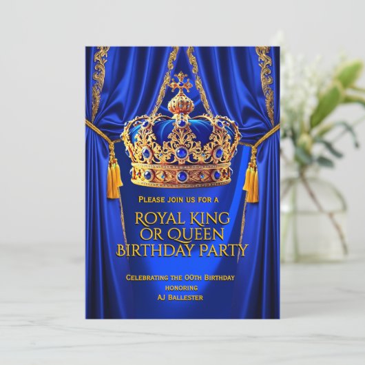 Royal Blue Gold King Queen Crown Birthday Party Kaart (Staand voorkant)