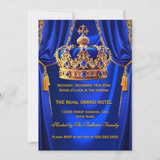 Royal Blue Gold King Queen Crown Birthday Party Kaart (Achterkant)