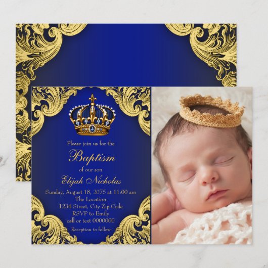 Royal Blue Gold kroonprins doop Kaart (Voorkant / Achterkant)