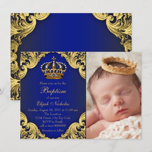 Royal Blue Gold kroonprins doop Kaart (Voorkant / Achterkant)