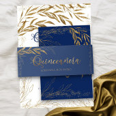 Royal Blue Gold Leaf en Confetti Quinceanera Uitnodigingen Wikkel
