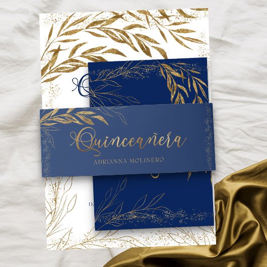 Royal Blue Gold Leaf en Confetti Quinceanera Uitnodigingen Wikkel